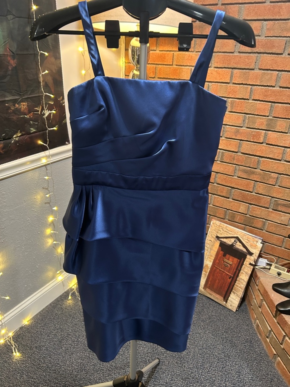 After Six Navy Blue Satin Midi Dress with Ruffle Layers